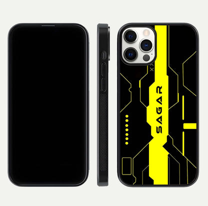 Neon CYBERPUNK Custom Name Glass Case for iPhone 12 Pro front & back layout showing tech art and custom edge
