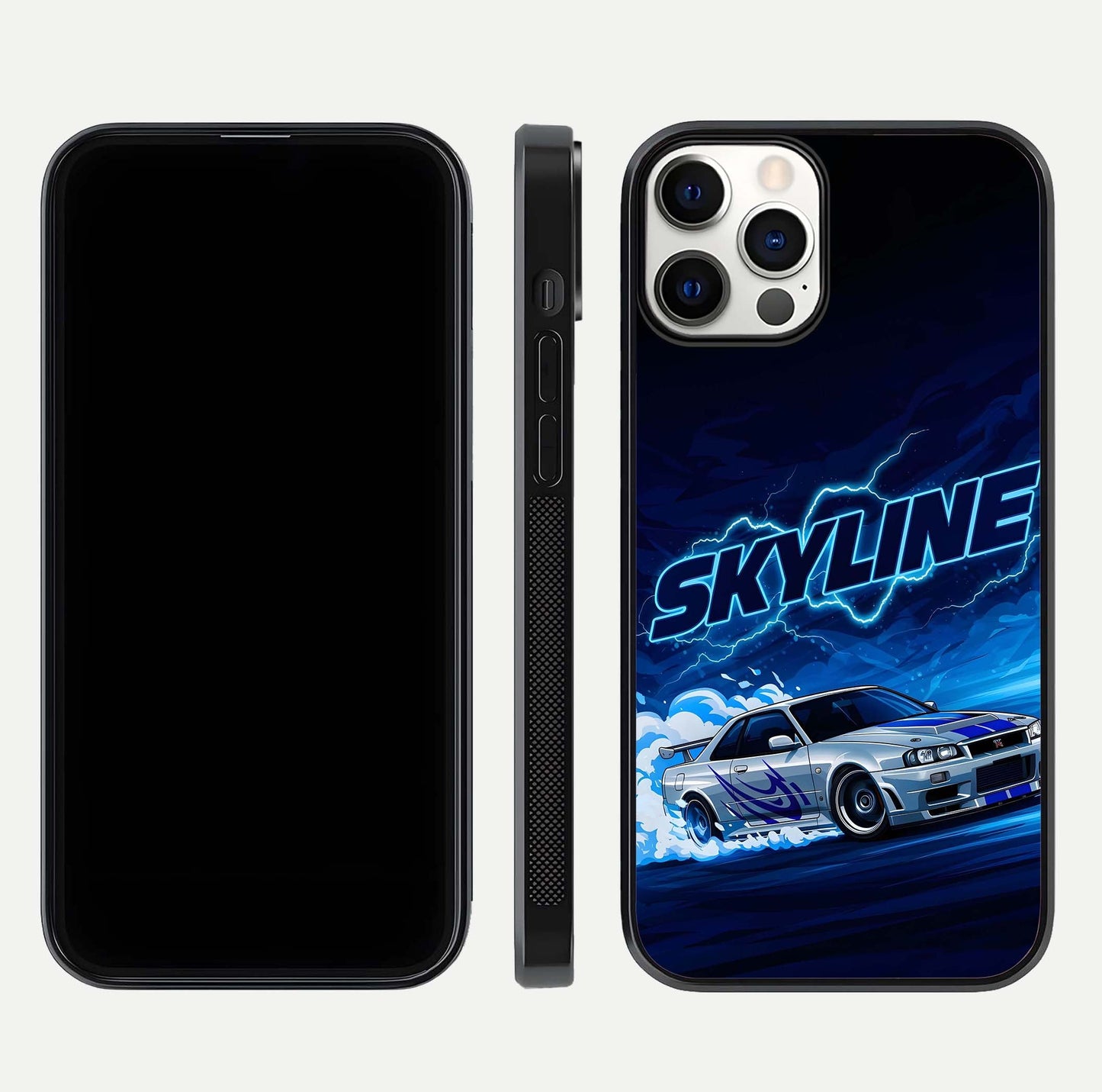Neon Drift Beast Glass Case for iPhone 12 Pro front & back layout showing car silhouette and edge design