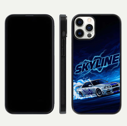 Neon Drift Beast Glass Case for iPhone 12 Pro front & back layout showing car silhouette and edge design