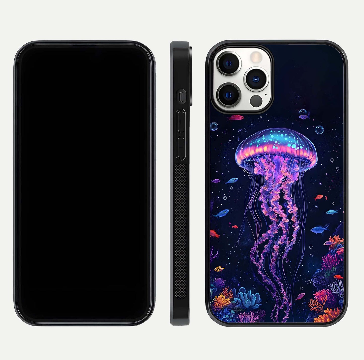 Neon Jellyfish Glass Case for iPhone 12 Pro front & back layout highlighting HD marine art and curved edges