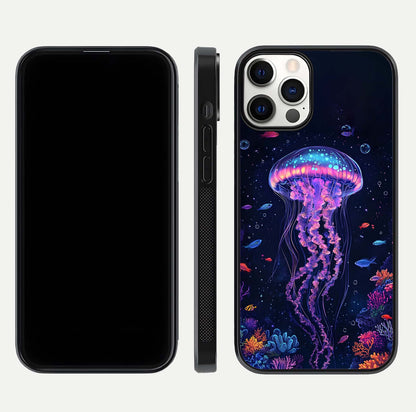 Neon Jellyfish Glass Case for iPhone 12 Pro front & back layout highlighting HD marine art and curved edges
