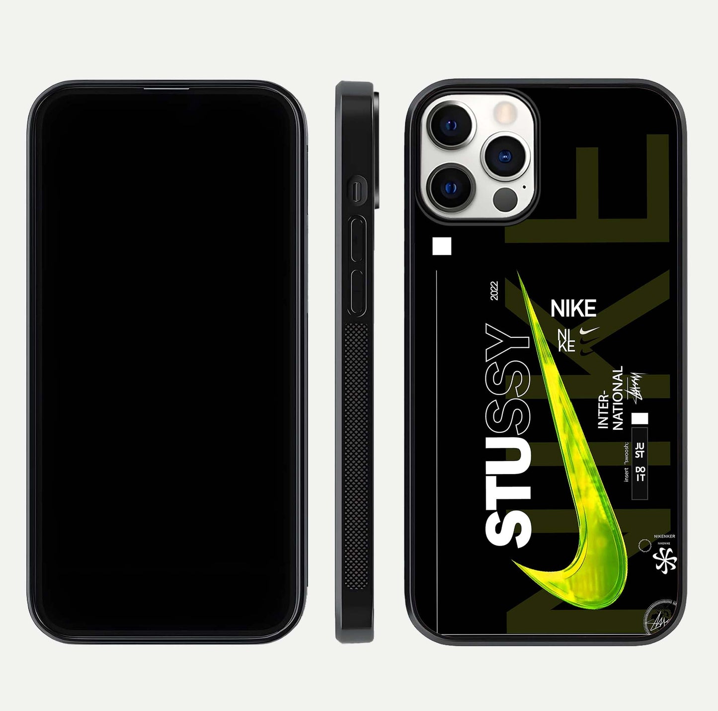 Neon Street Edition Glass Case for iPhone 12 Pro front & back layout highlighting street art vibe and edges