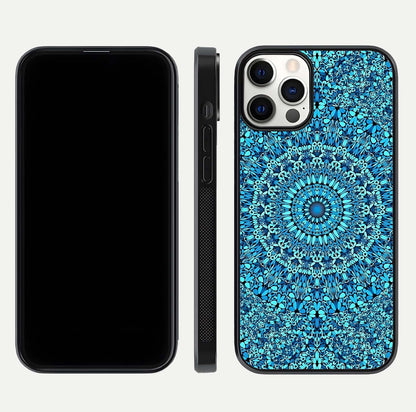 Ocean Bloom Mandala Glass Case for iPhone 12 Pro front & back layout showing ocean tone design and edges