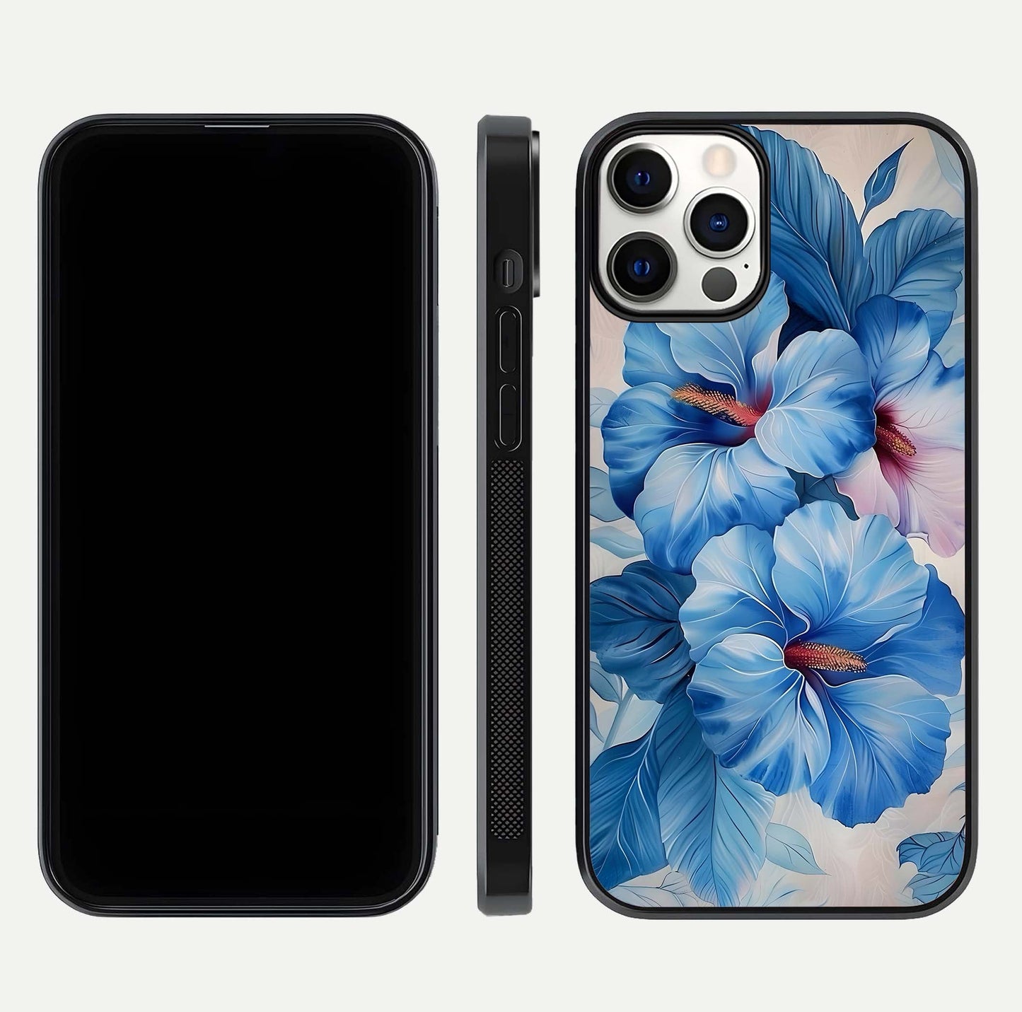 Ocean Hibiscus Grace Glass Case for iPhone 12 Pro front & back layout showing vibrant oceanic tones and curves