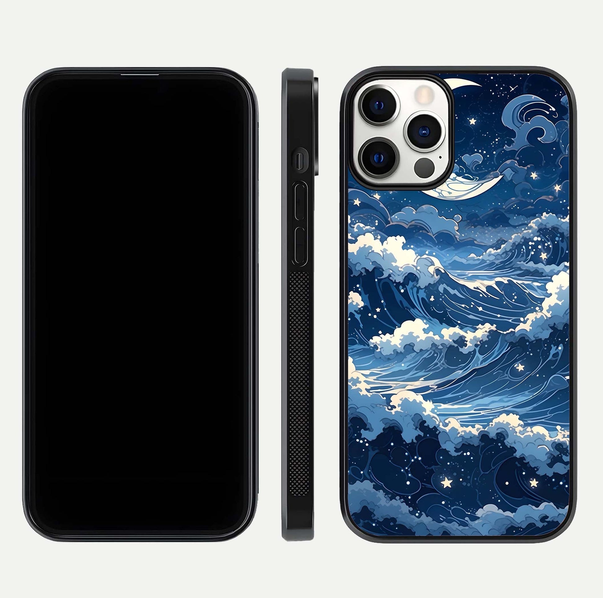 Ocean Moon Waves Glass Case for iPhone 12 Pro front & back layout highlighting water flow and smooth edges