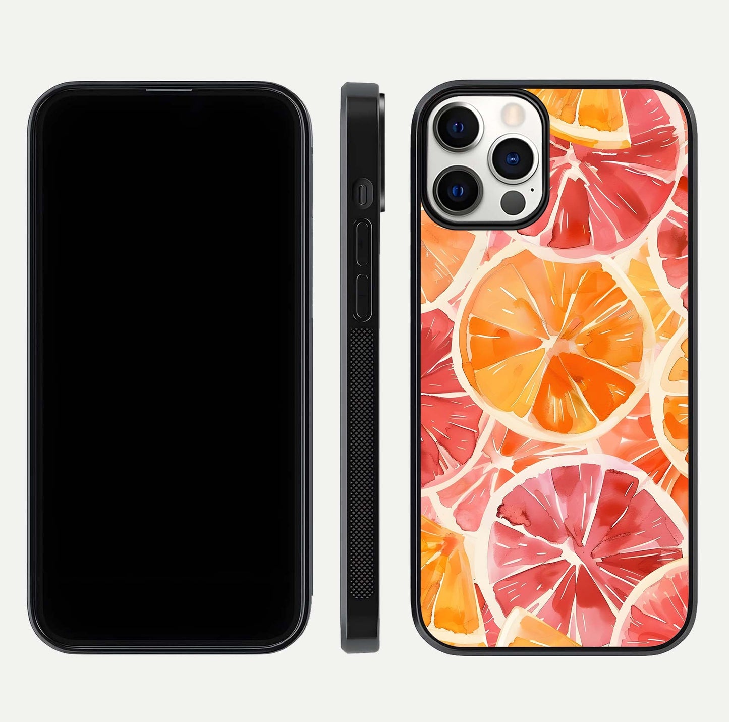 Orange Fruits Pattern Glass Case for iPhone 12 Pro front & back layout highlighting bright colors and clean edges