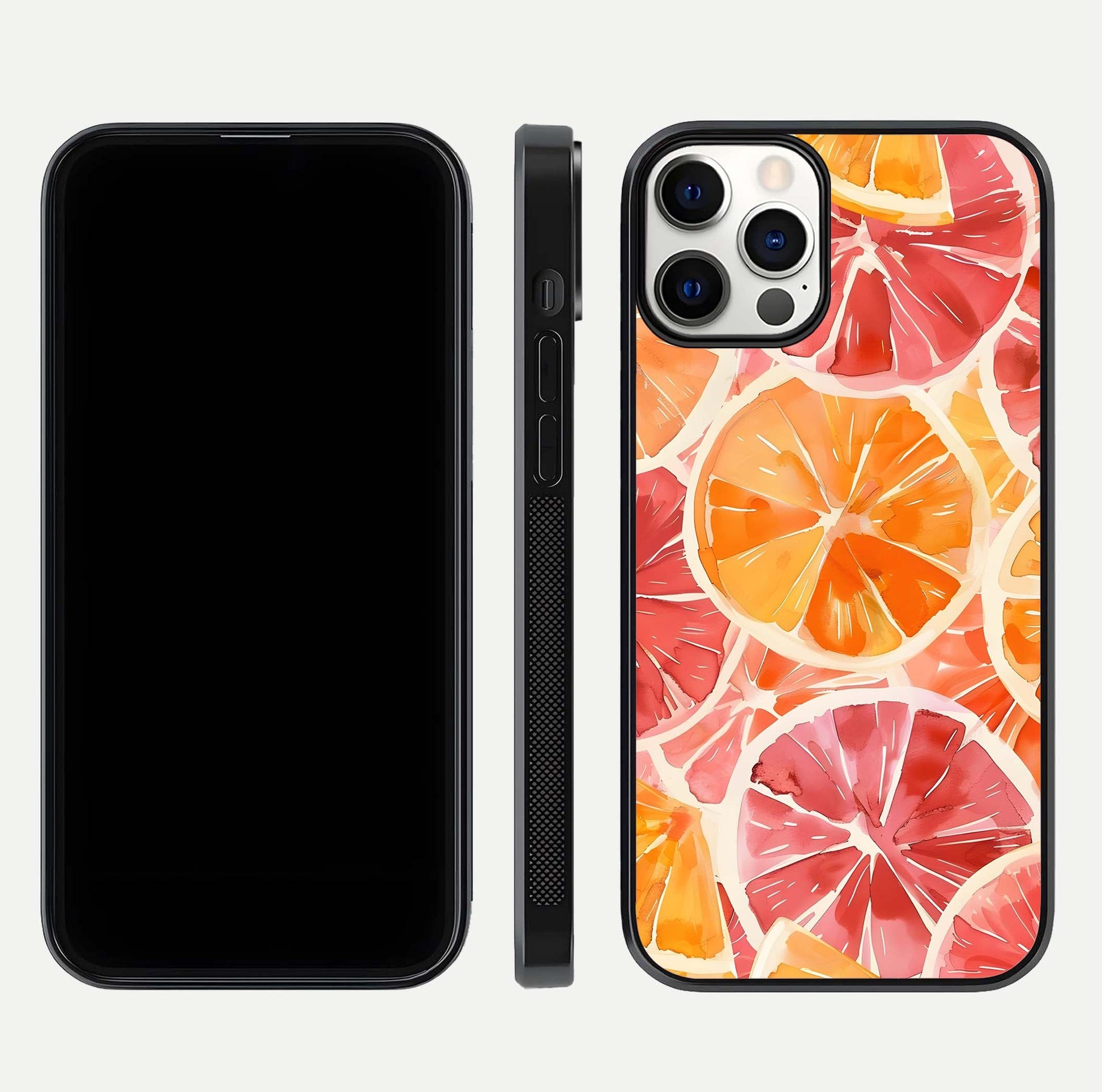 Orange Fruits Pattern Glass Case for iPhone 12 Pro front & back layout highlighting bright colors and clean edges