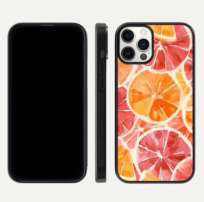 Orange Fruits Pattern Glass Case for iPhone 12 Pro front & back layout highlighting bright colors and clean edges