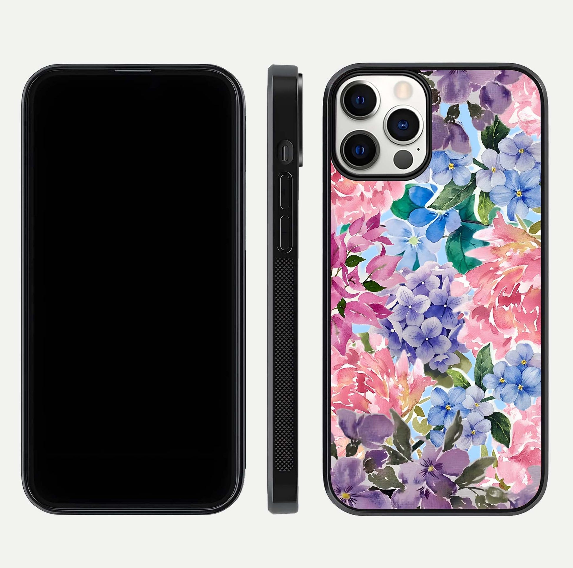 Pastel Floral Mix Glass Case for iPhone 12 Pro front & back layout showing gentle tones and elegant edges