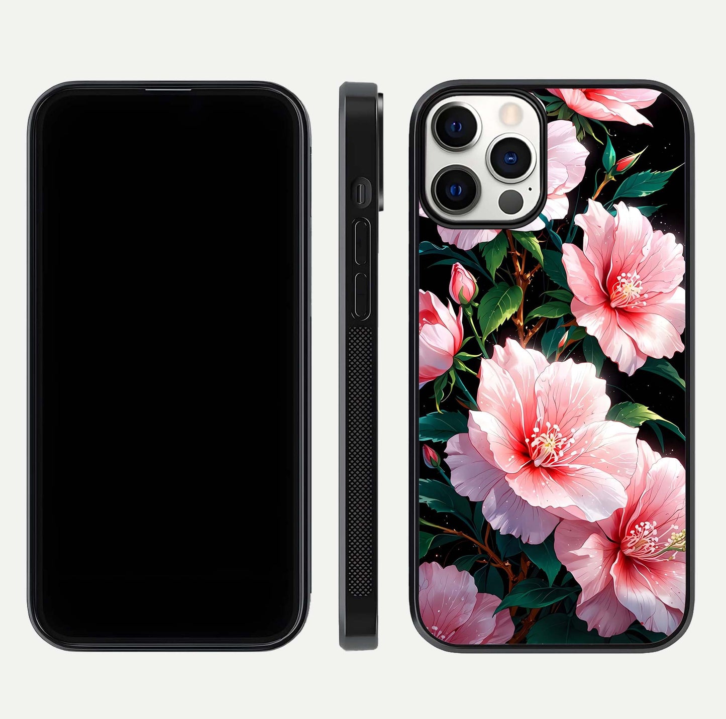 Peach Flower Glass Case for iPhone 12 Pro front & back layout showing elegant floral tones and smooth edges