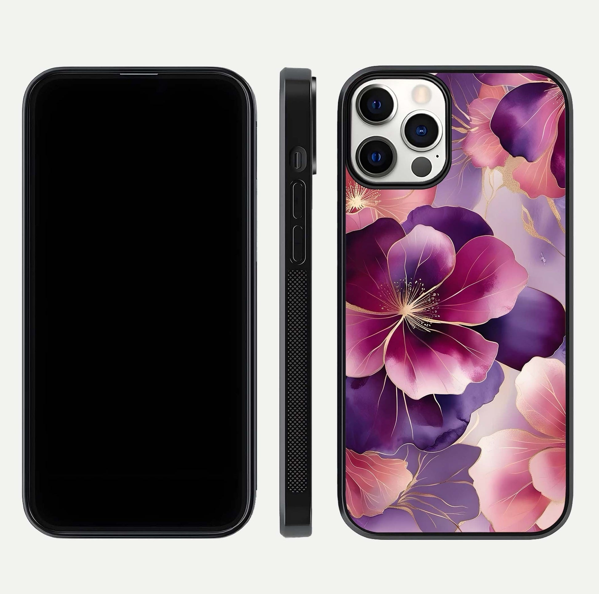 Pink Bouquet Florals Glass Case for iPhone 12 Pro front & back layout highlighting vivid petals and smooth edges