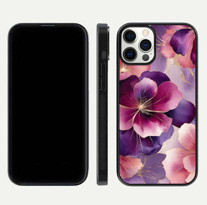 Pink Bouquet Florals Glass Case for iPhone 12 Pro front & back layout highlighting vivid petals and smooth edges