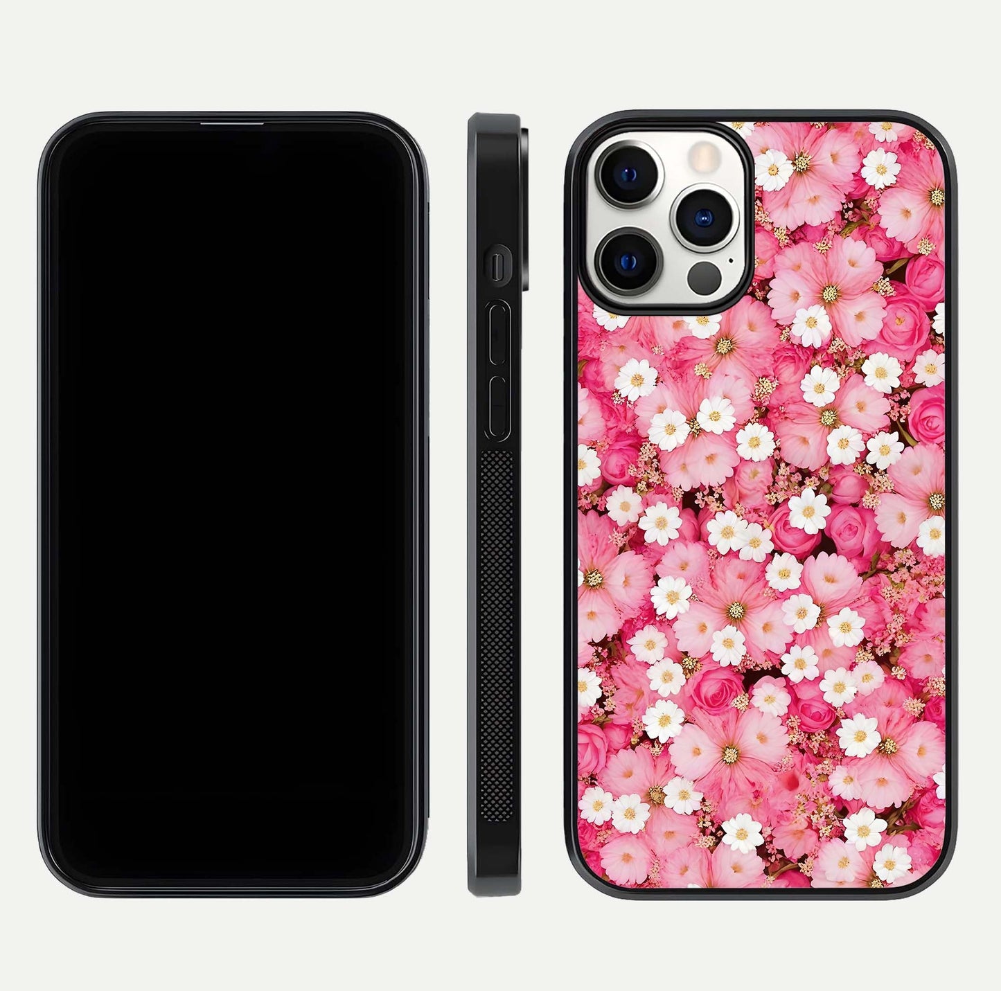 Pink Daisy Bliss Glass Case for iPhone 12 Pro front & back layout showing HD floral tones and edge finish