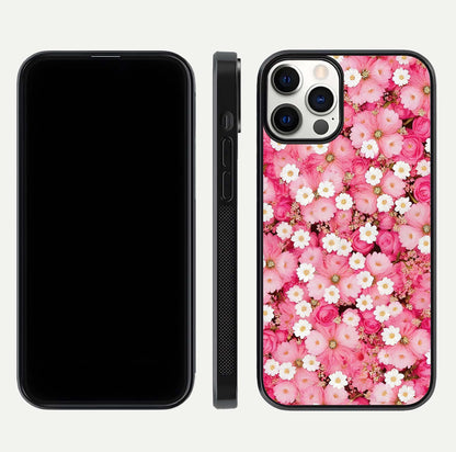 Pink Daisy Bliss Glass Case for iPhone 12 Pro front & back layout showing HD floral tones and edge finish