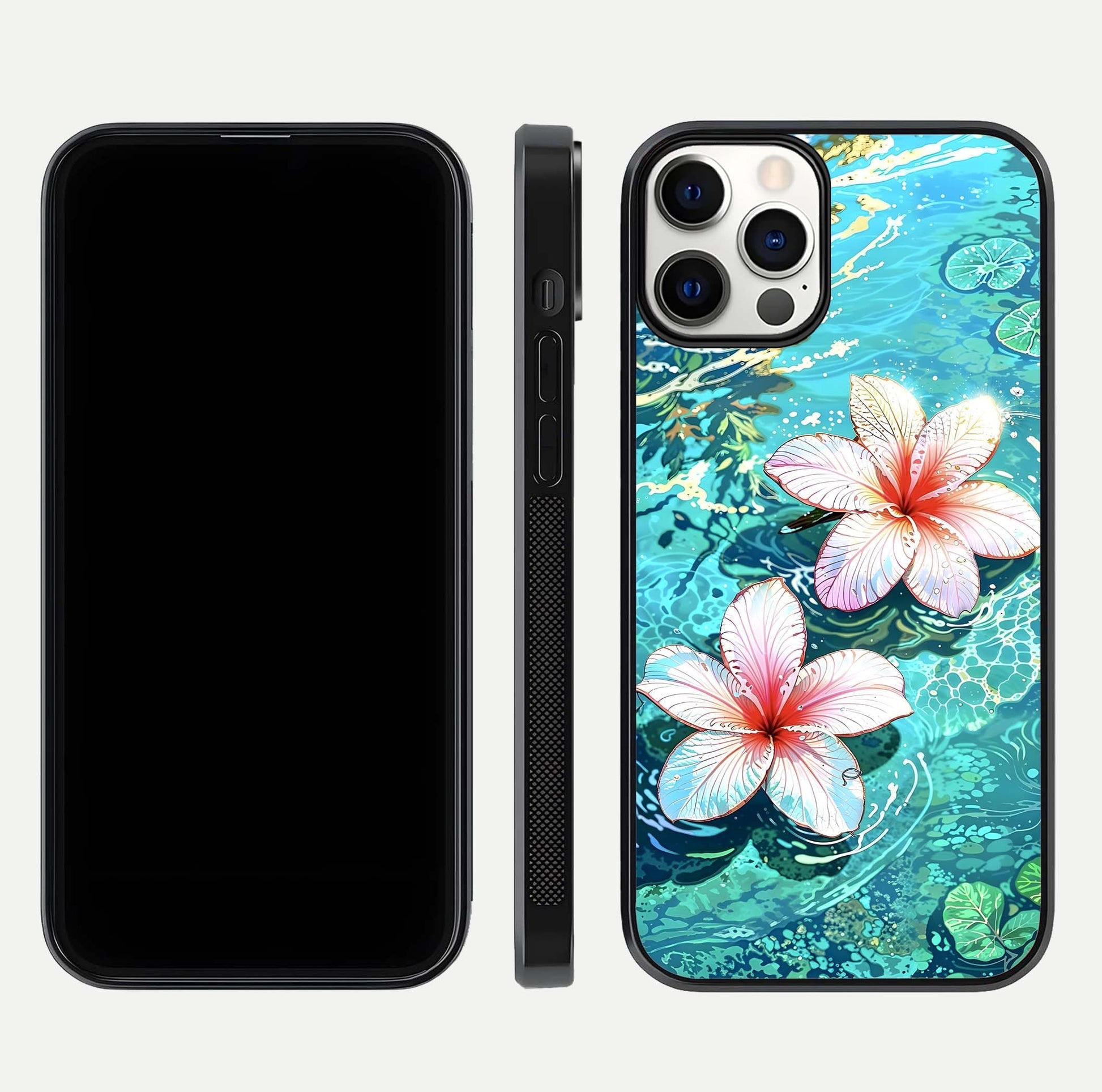 Pink Flowers in Water Glass Case for iPhone 12 Pro front & back layout showing elegant pastel floral tones