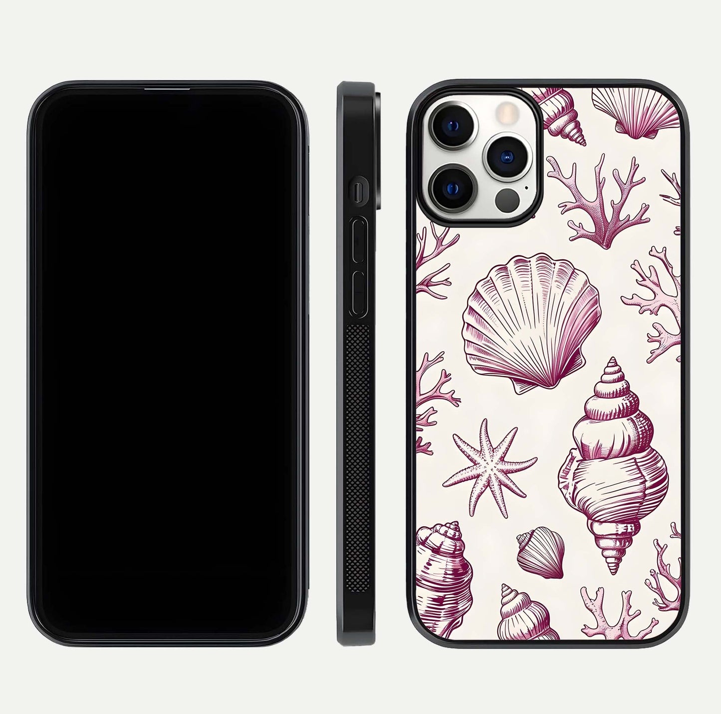Pink Shells Outline Glass Case for iPhone 12 Pro front & back layout showing soft pastel tones and edge design