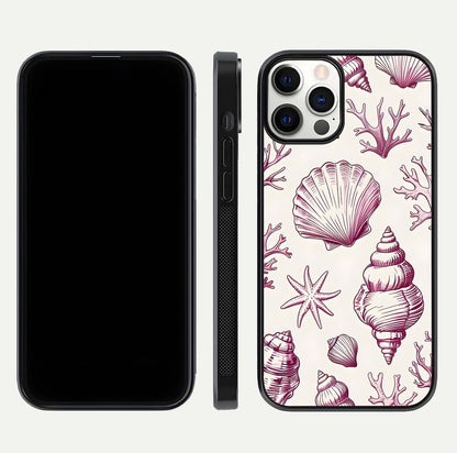 Pink Shells Outline Glass Case for iPhone 12 Pro front & back layout showing soft pastel tones and edge design