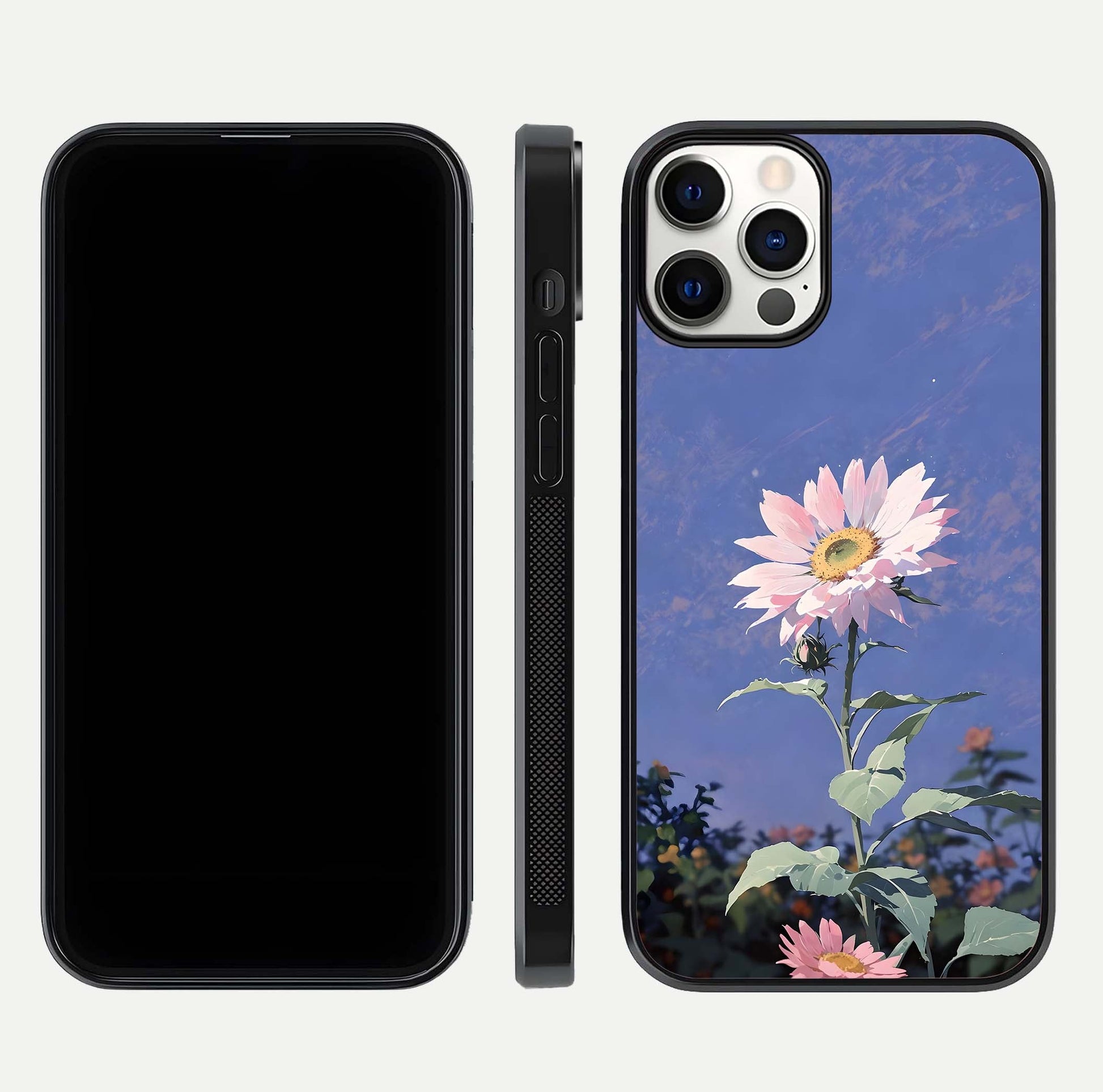 Pink Sunflower Glow Glass Case for iPhone 12 Pro front & back layout showing HD tones and bright finish