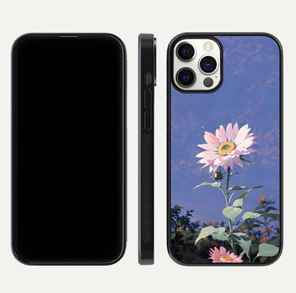 Pink Sunflower Glow Glass Case for iPhone 12 Pro front & back layout showing HD tones and bright finish
