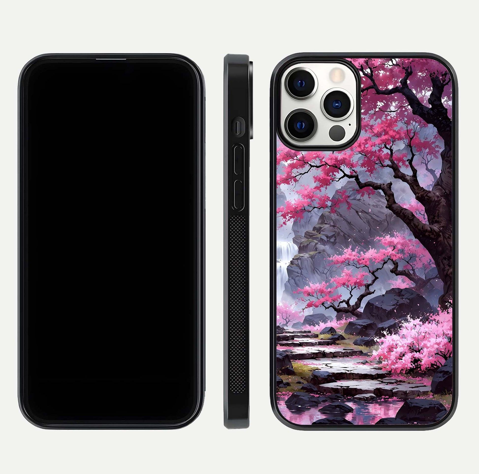 Pinkish Scenery Glass Case for iPhone 12 Pro front & back layout showing landscape art and curved edge finish