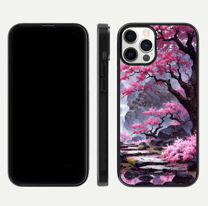 Pinkish Scenery Glass Case for iPhone 12 Pro front & back layout showing landscape art and curved edge finish