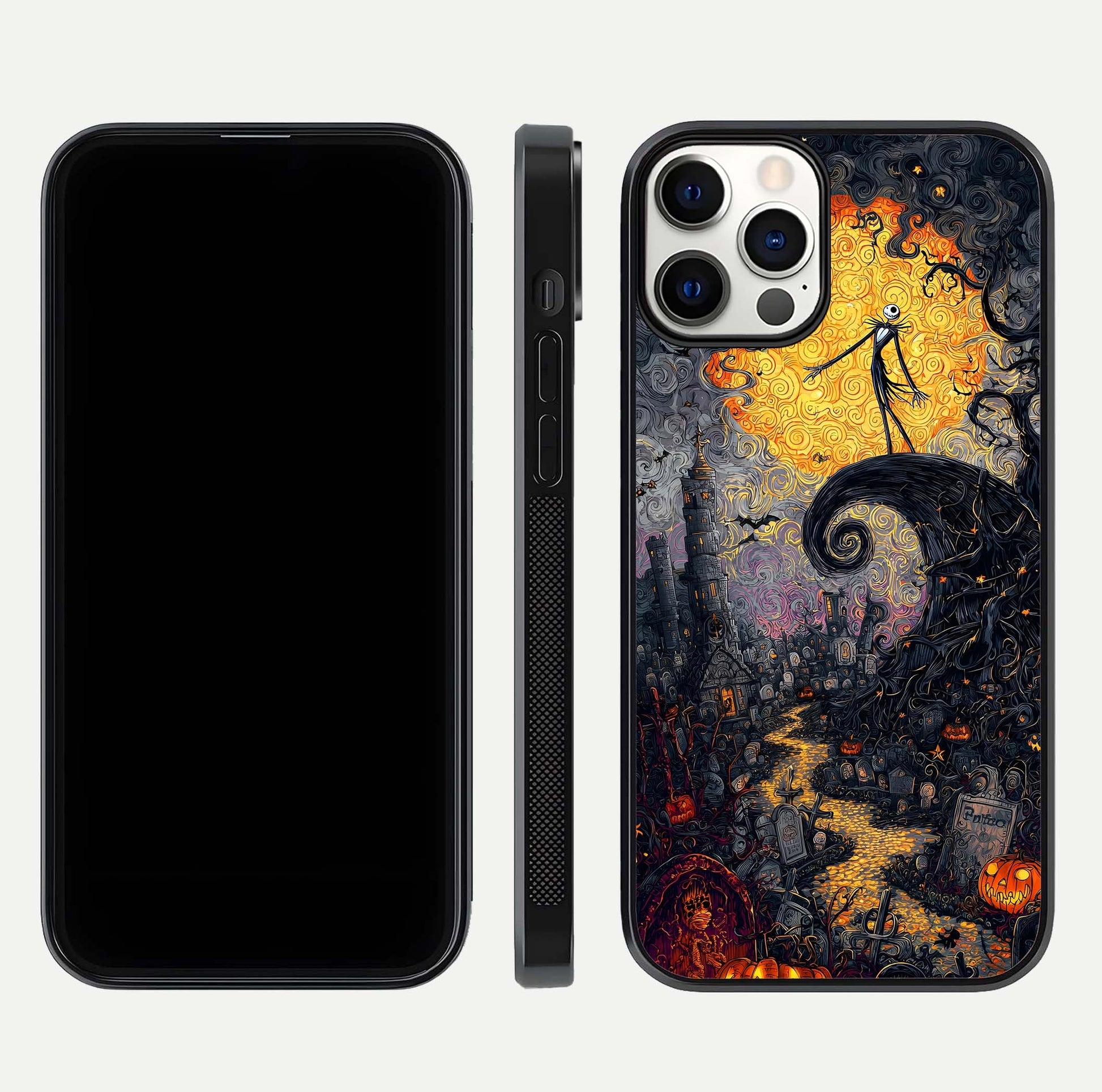 Pumpkin Moon Night Glass Case for iPhone 12 Pro front & back layout highlighting festive tones and smooth edges