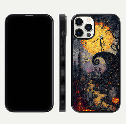 Pumpkin Moon Night Glass Case for iPhone 12 Pro front & back layout highlighting festive tones and smooth edges