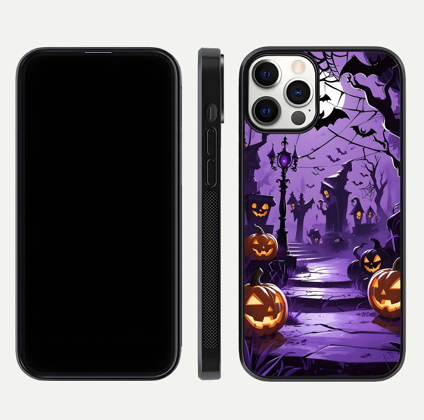 Pumpkin Patch Halloween Glass Case for iPhone 12 Pro front & back layout showing festive Halloween print