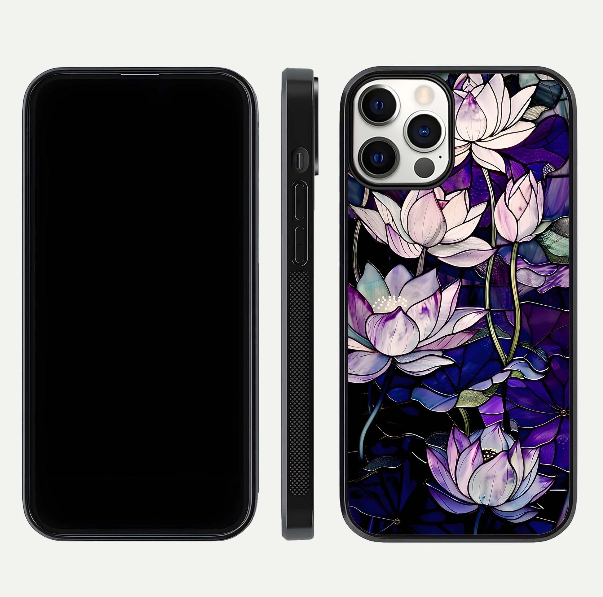 Purple Lotus Pattern Glass Case for iPhone 12 Pro front & back layout highlighting floral tones and soft edges