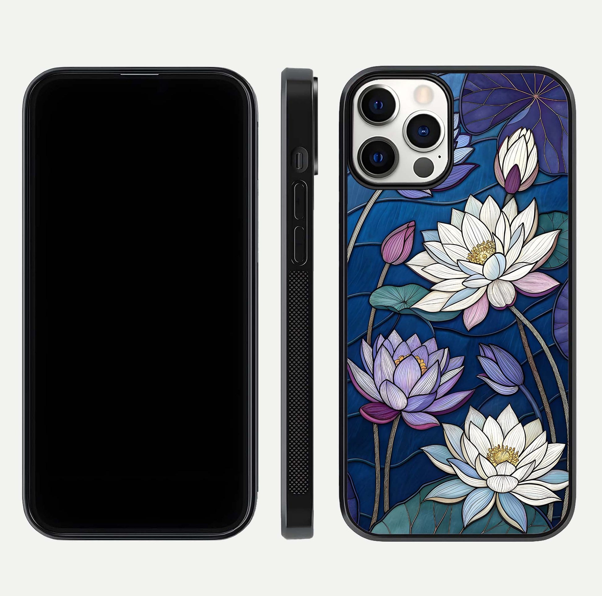 Purple Lotus Stained Glass Case for iPhone 12 Pro front & back layout showing bright tones and smooth edge finish