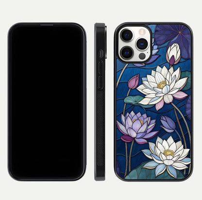 Purple Lotus Stained Glass Case for iPhone 12 Pro front & back layout showing bright tones and smooth edge finish