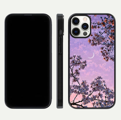 Purple Serenity Moon Glass Case for iPhone 12 Pro front & back layout highlighting celestial tones and curves