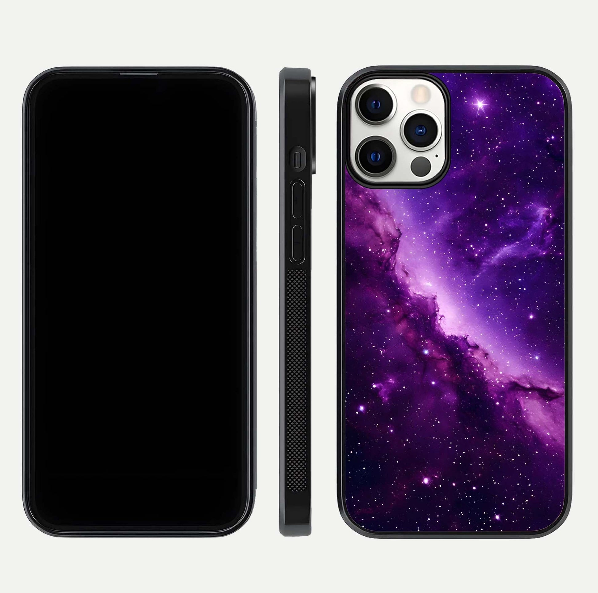 Purple Shade Sky Glass Case for iPhone 12 Pro front & back layout showing HD tones and clean glass edges