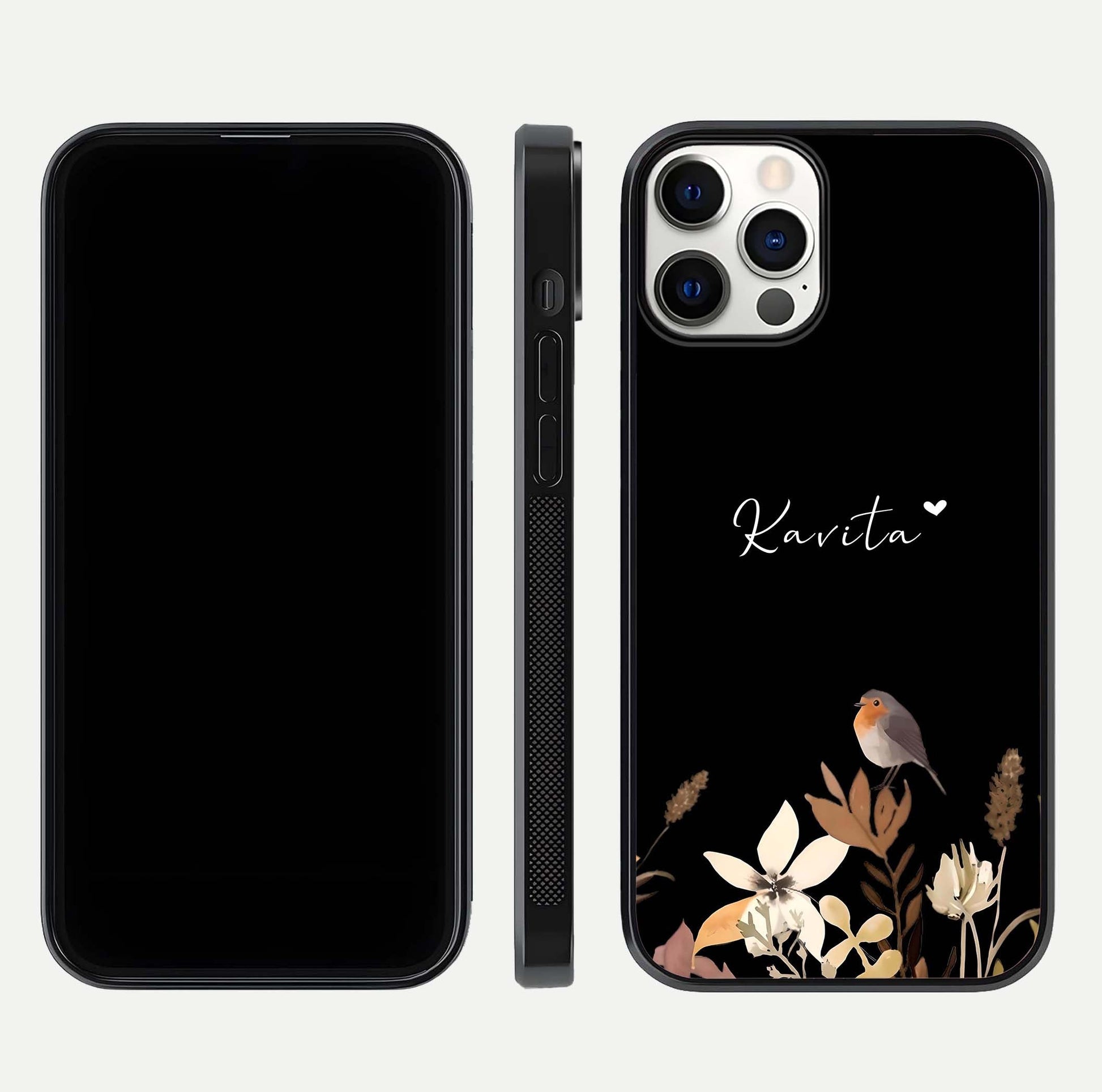 Quiet Garden Tune Custom Name Glass Case for iPhone 12 Pro front & back layout highlighting name area and edges