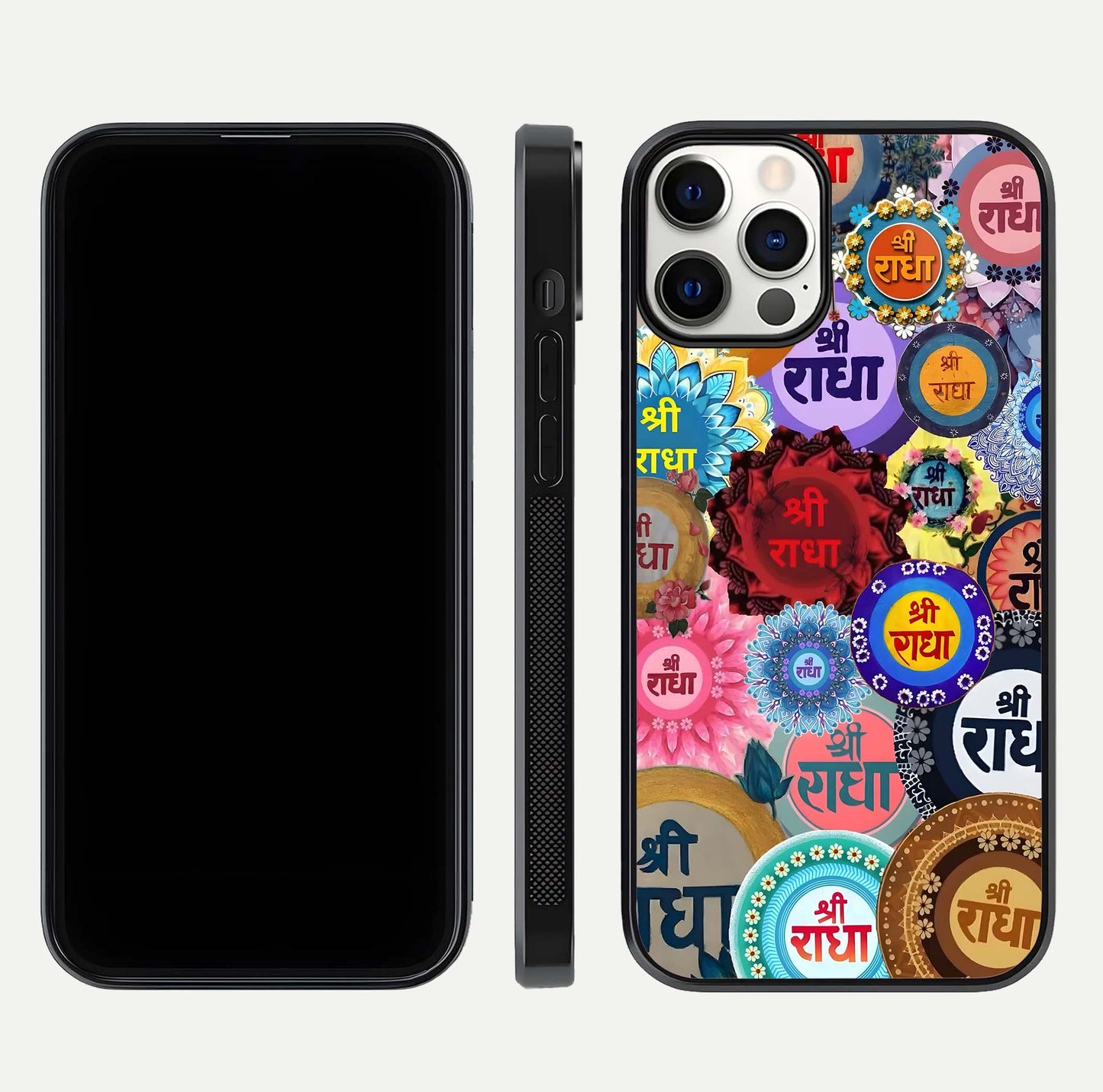 Radha Divine Bloom Glass Case for iPhone 12 Pro front & back layout showing spiritual tones and elegant edges