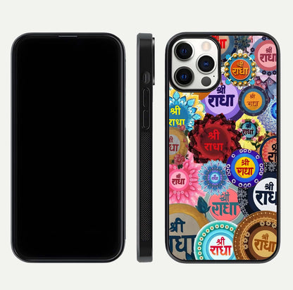 Radha Divine Bloom Glass Case for iPhone 12 Pro front & back layout showing spiritual tones and elegant edges