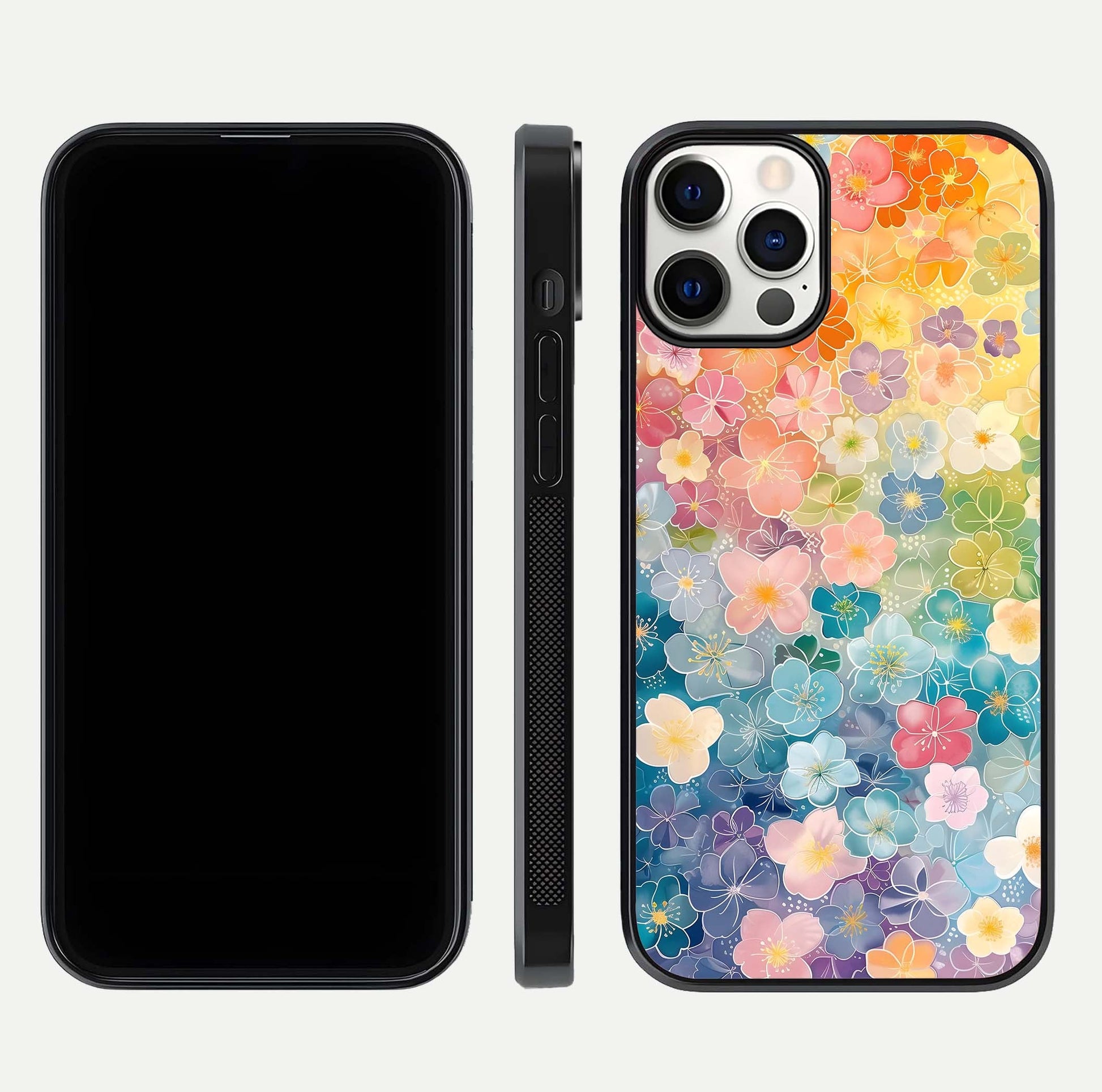 Rainbow Blossom Burst Glass Case for iPhone 12 Pro front & back layout showing bright tones and edge finish