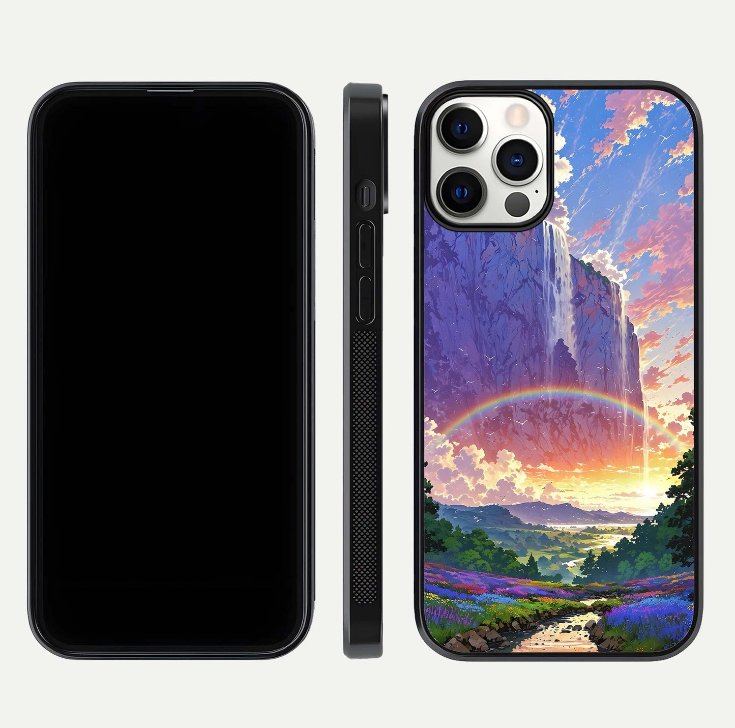 Rainbow Valley Dream Glass Case for iPhone 16 Pro front & back layout showing smooth color blend and curved edge