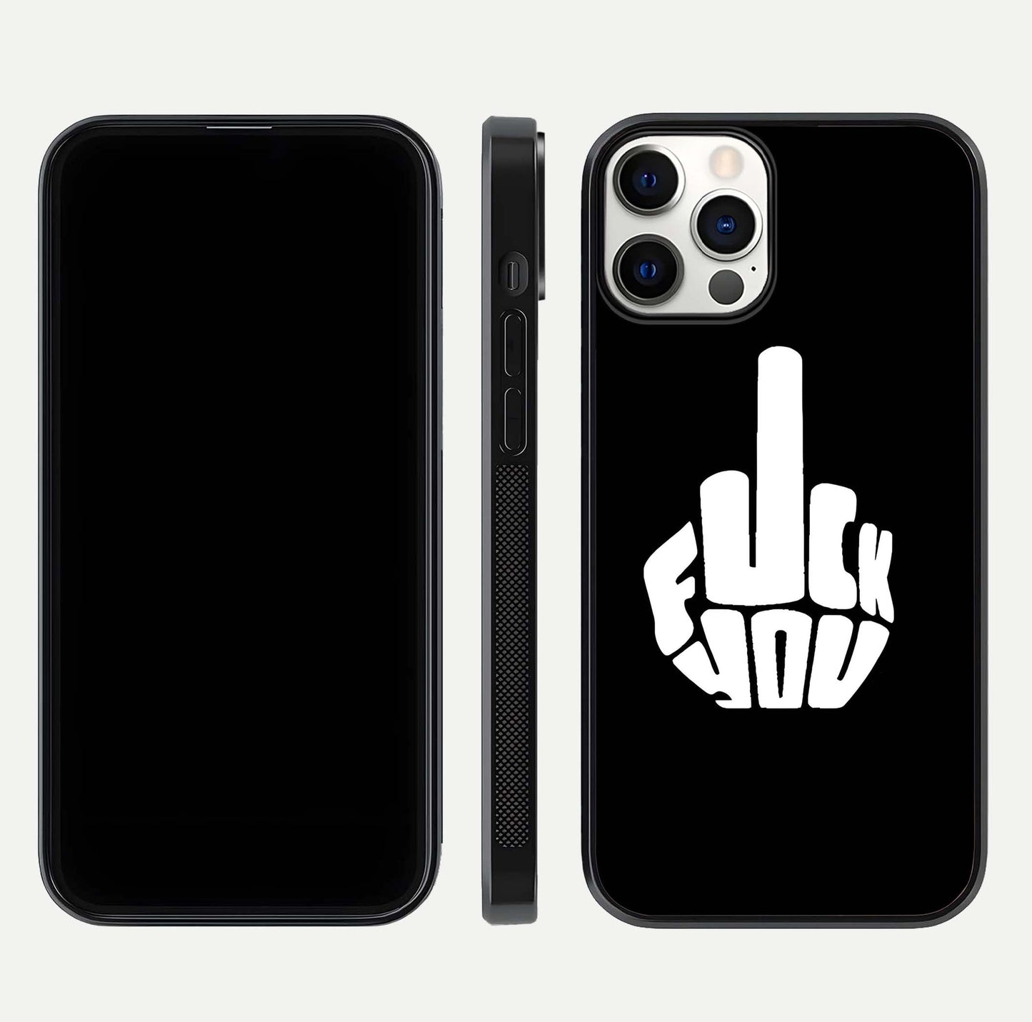 Rebel Mode On Glass Case for iPhone 12 Pro front & back layout showing minimal tone and clean edge fit