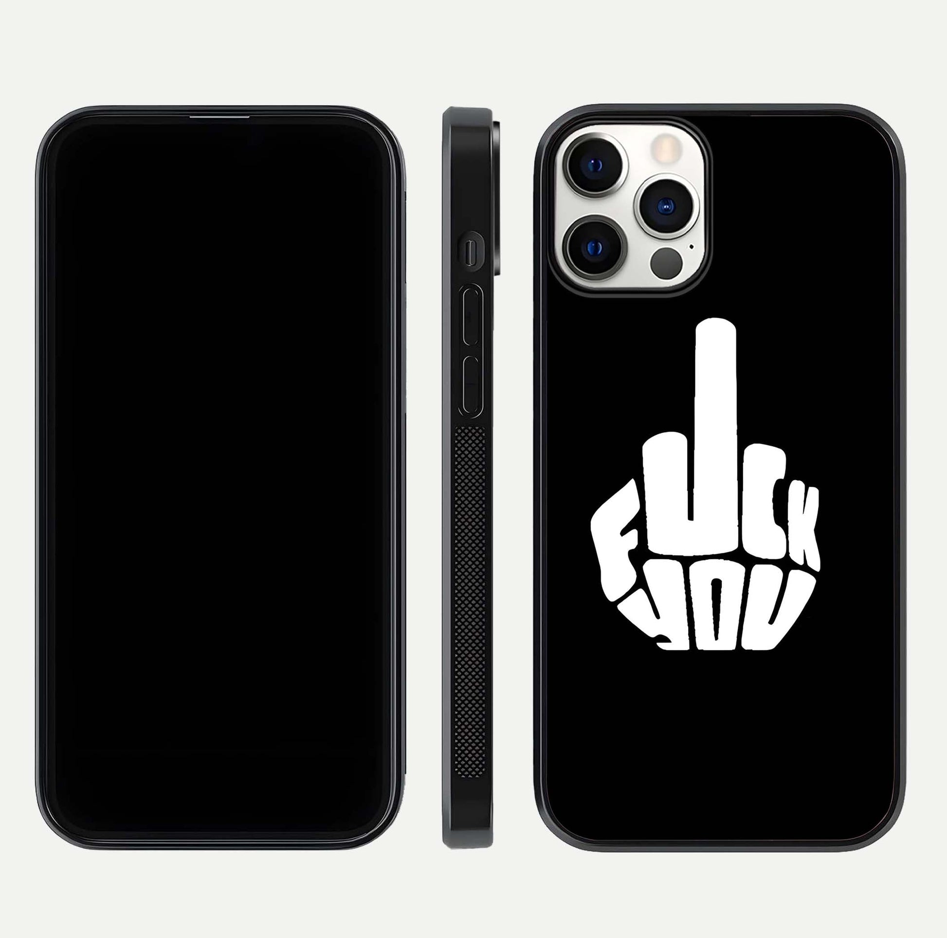 Rebel Mode On Glass Case for iPhone 12 Pro front & back layout showing minimal tone and clean edge fit
