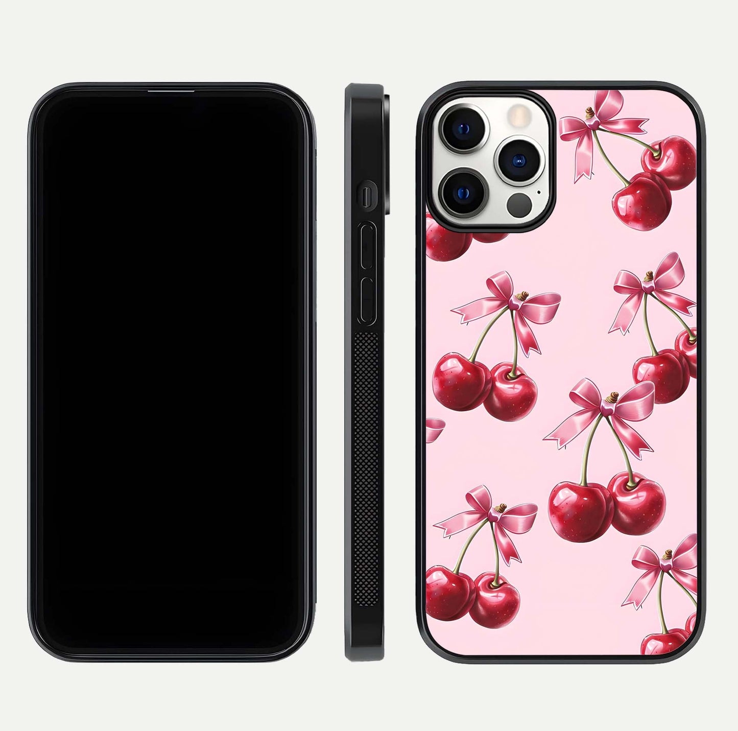 Red Cherries Pattern Glass Case for iPhone 12 Pro front & back layout highlighting vibrant fruit print and edges