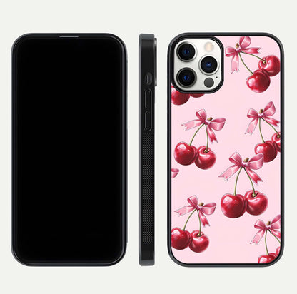 Red Cherries Pattern Glass Case for iPhone 12 Pro front & back layout highlighting vibrant fruit print and edges
