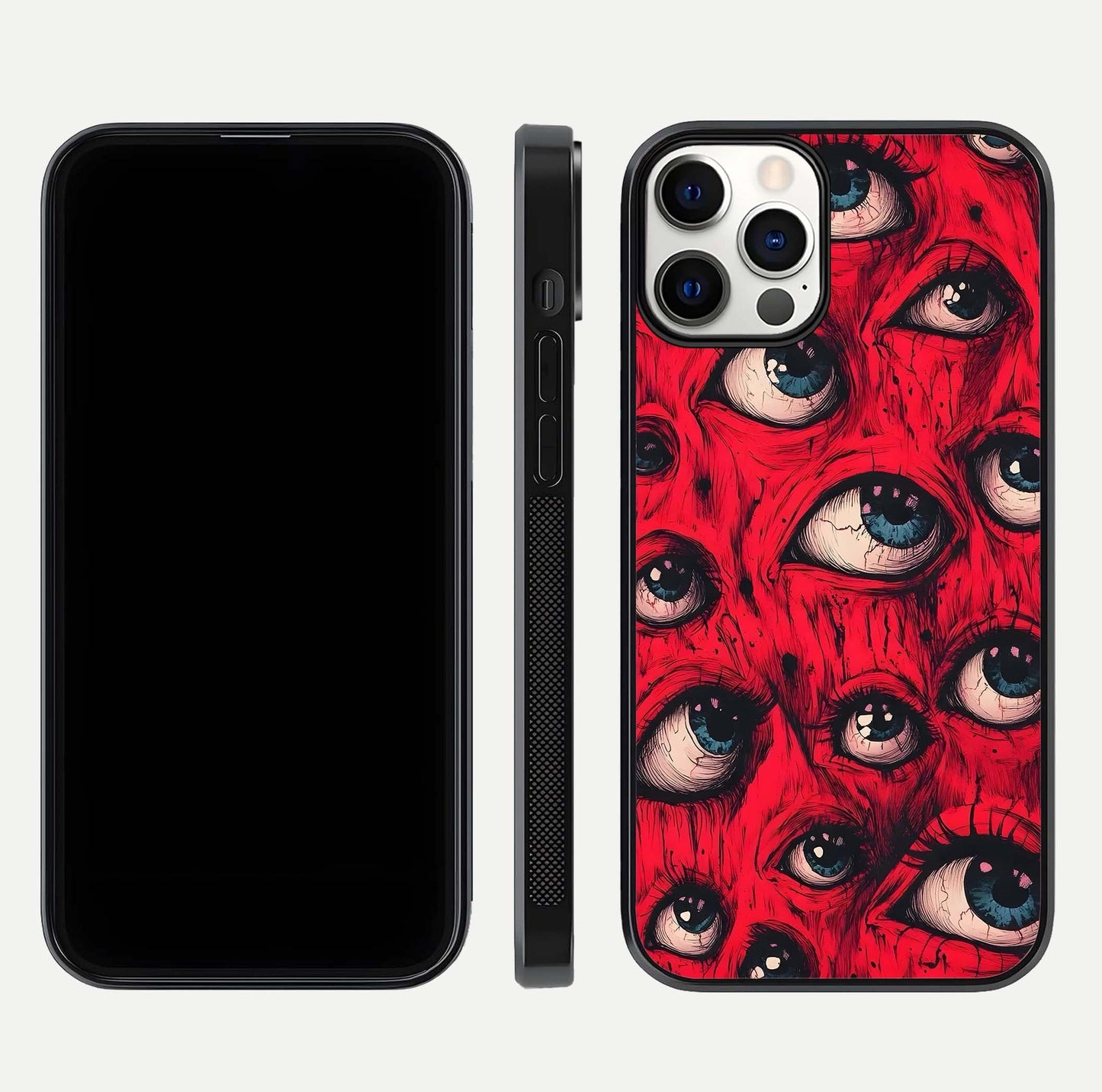 Red Eyes Pattern Glass Case for iPhone 12 Pro front & back layout showing sharp edge finish and design depth