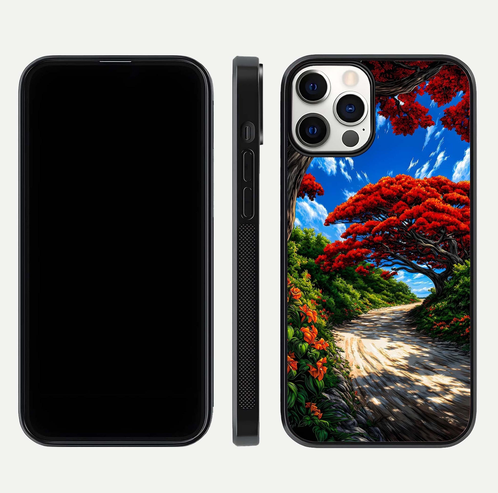 Red Trees Pathway Glass Case for iPhone 12 Pro front & back layout showing scenic tone blend and edges