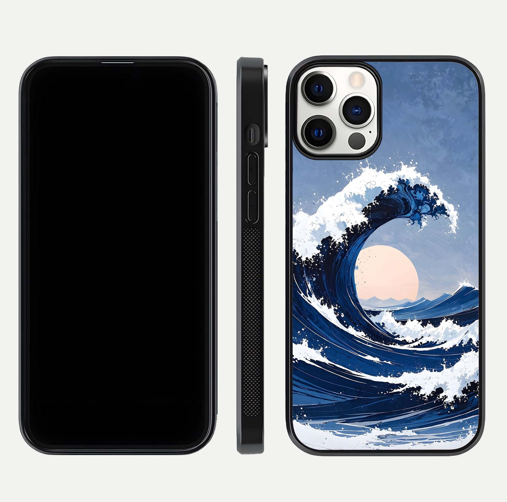 Rising Tide Power Glass Case for iPhone 12 Pro front & back layout showing ocean design and smooth glass edge