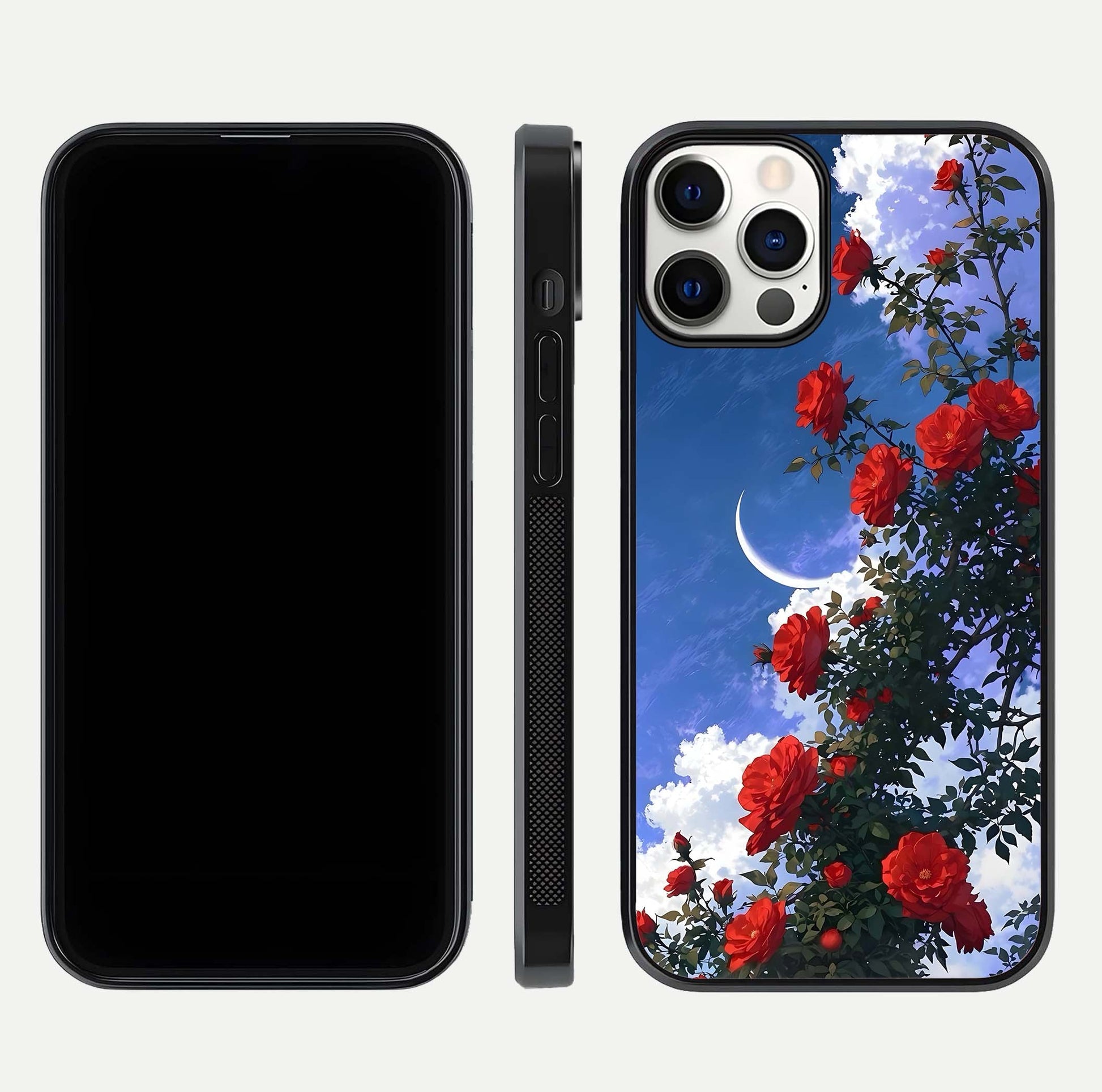 Rose Drift Flowers Glass Case for iPhone 12 Pro front & back layout showing rose gradient tones and edges
