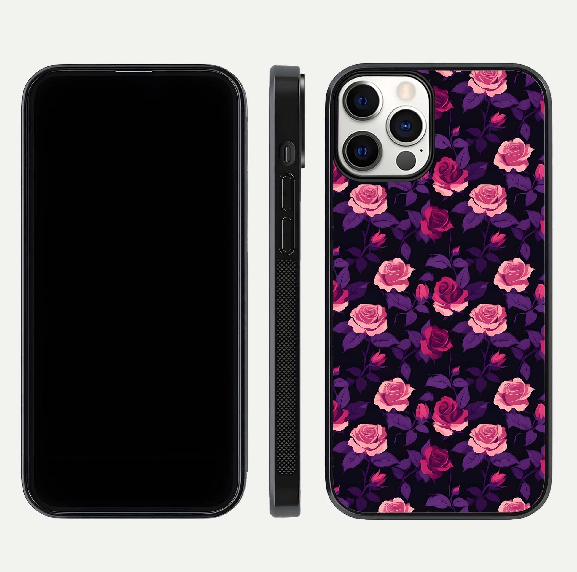 Rose Garden Twilight Glass Case for iPhone 12 Pro front & back layout showing rich twilight tones and edges