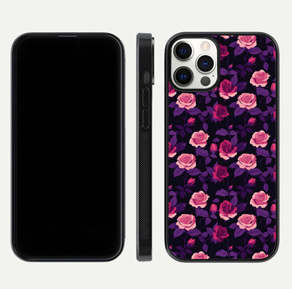 Rose Garden Twilight Glass Case for iPhone 12 Pro front & back layout showing rich twilight tones and edges