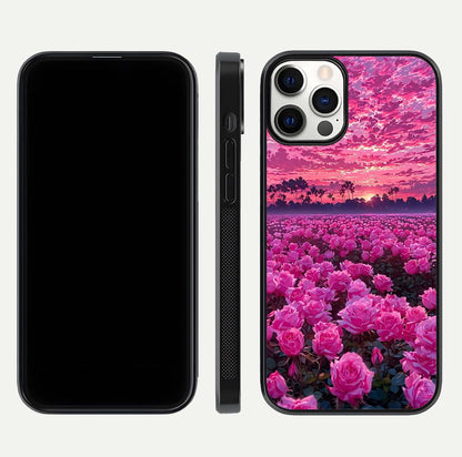 Rose Sunset Valley Glass Case for iPhone 12 Pro front & back layout highlighting gradient tones and glass shine