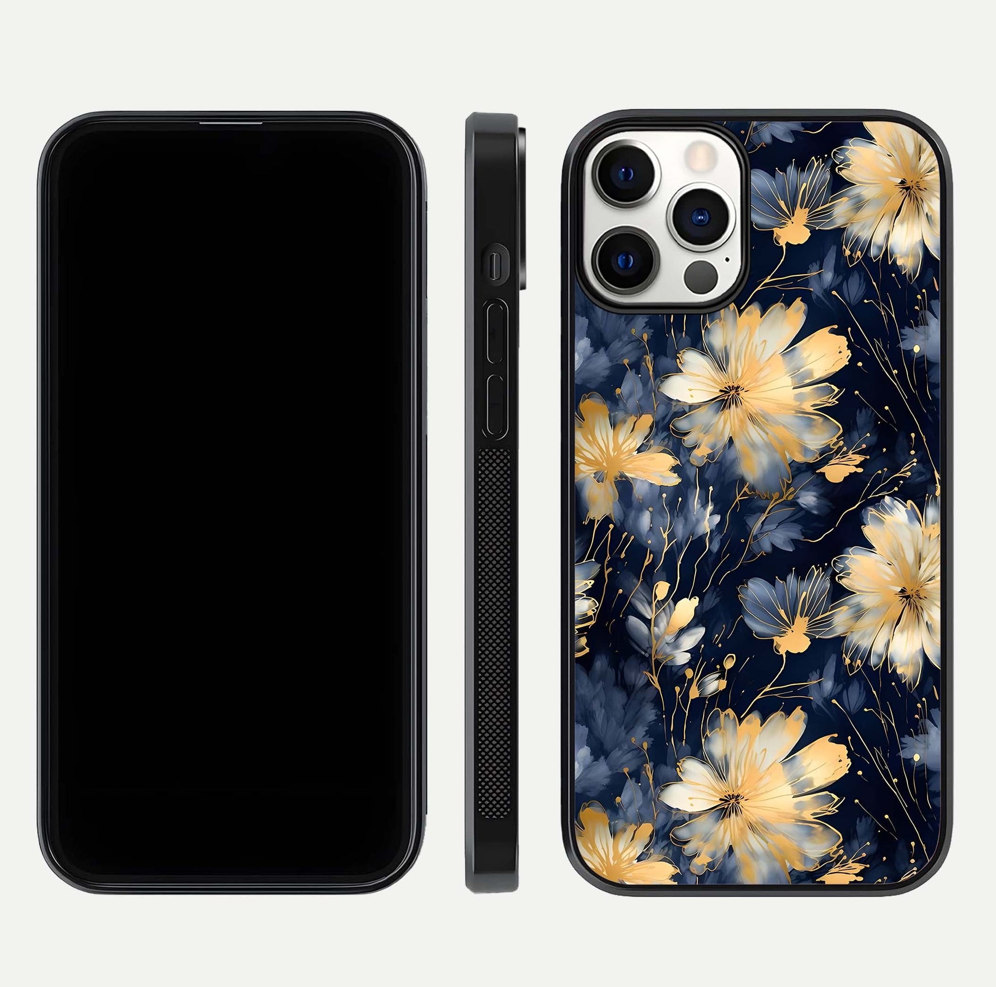 Royal Petal Dream Glass Case for iPhone 12 Pro front & back layout showing floral pattern and clean edge finish